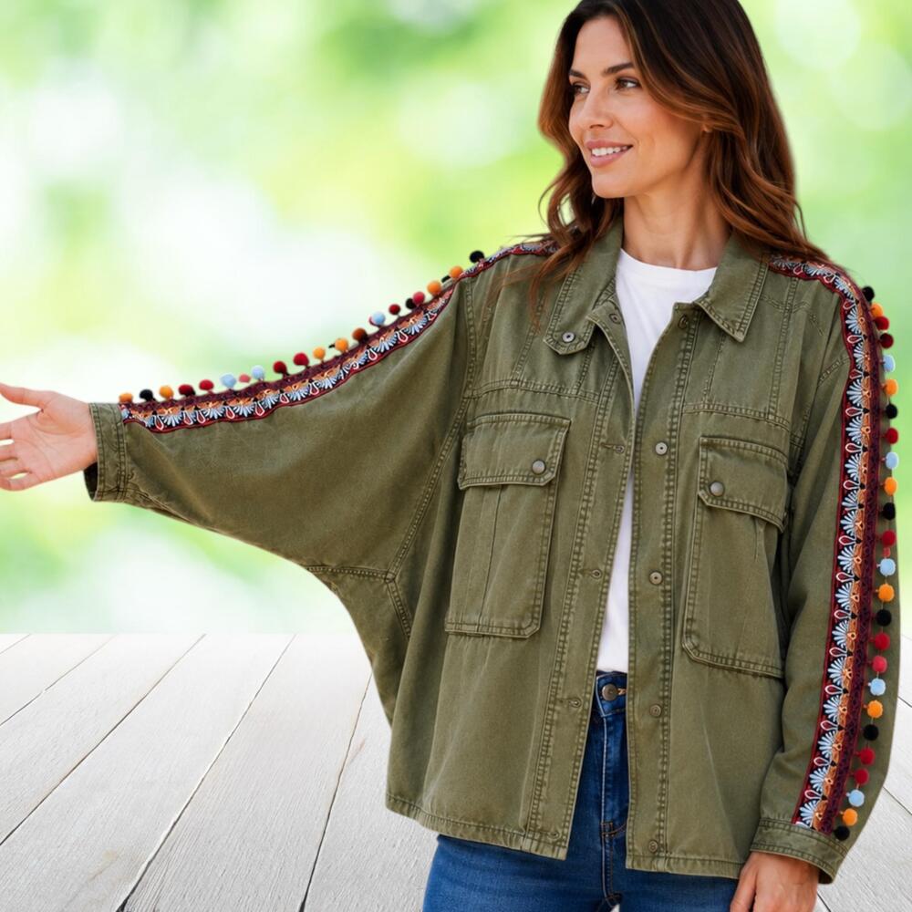 ZARA TRF Tassel Bomber Utility Jacket Cargo Pockets Oversized Boho Olive Sz S/M
